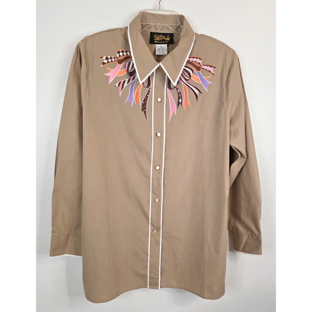 Bob Mackie Wearable Art Tan Embroidered Ribbon Bow Button Down Shirt XL Khaki